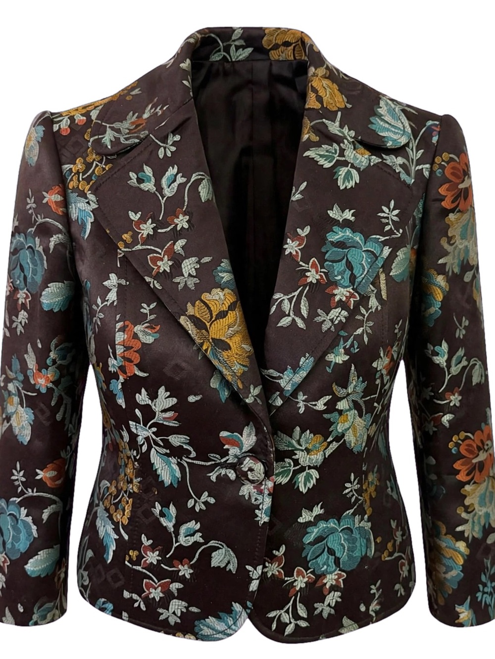 Vtg Etro Brown Floral Jacquard Blazer with Teal & Gold Accents size 44 (8-10)